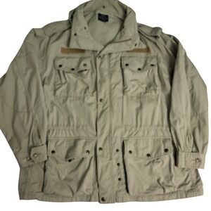 Vtg 90s Willis & Geiger Bush Poplin Safari Field Jacket Khaki XL Detachable Hood